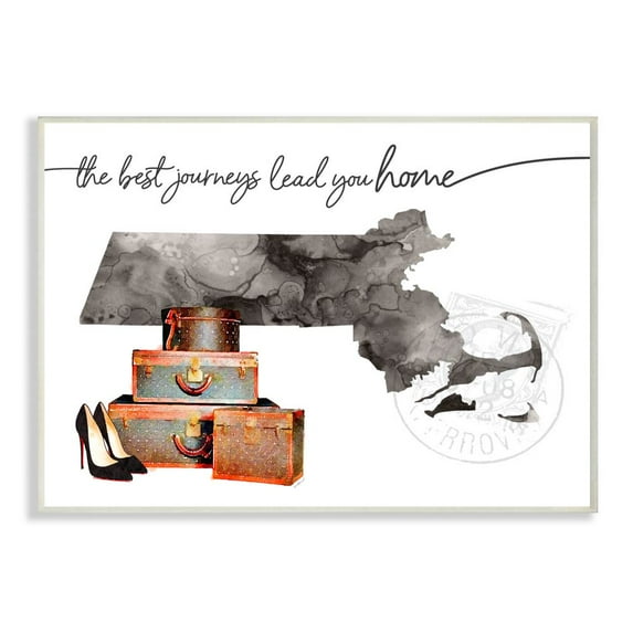 The Stupell Home Decor Collection Massachusetts State The Best Journeys Lead You Home Fashion Shoes and Luggage Illustration Wood Wall Art
