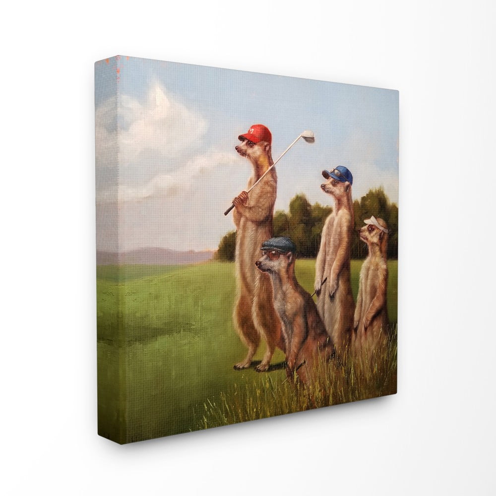 The Stupell Home Decor Collection Meerkats Playing Golf in Hats and Sunglasses Painting Stretched Canvas Wall Art, 24 x 24