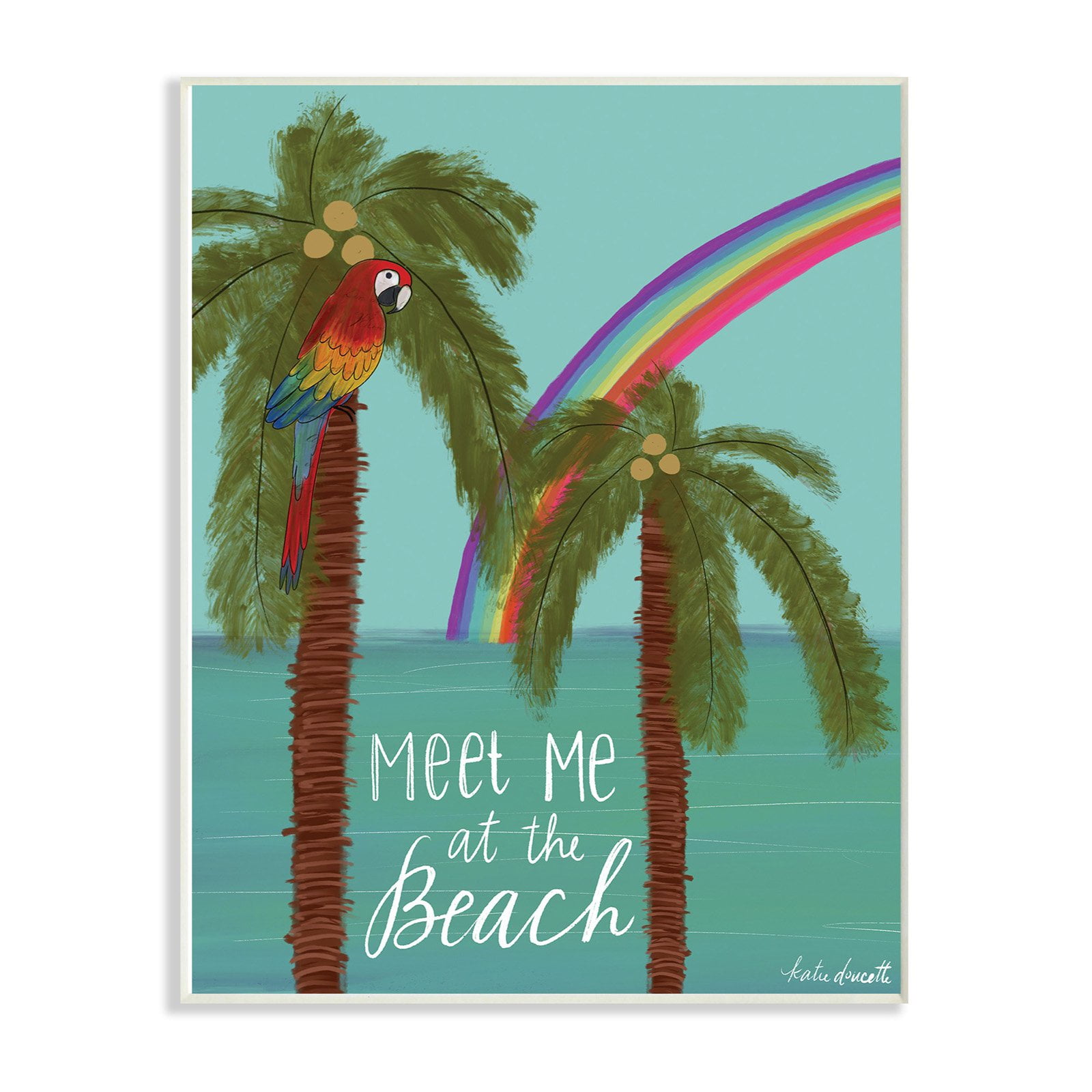 the stupell home decor collection meet me at the beach with palms bright tropical rainbow parrot wall plaque art, 10 x 0.5 x 15