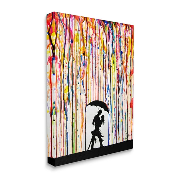 The Stupell Home Decor Collection Melting Colors Rainbow Rain Drops Umbrella Dancing Silhouette Stretched Canvas Wall Art, 30 x 40