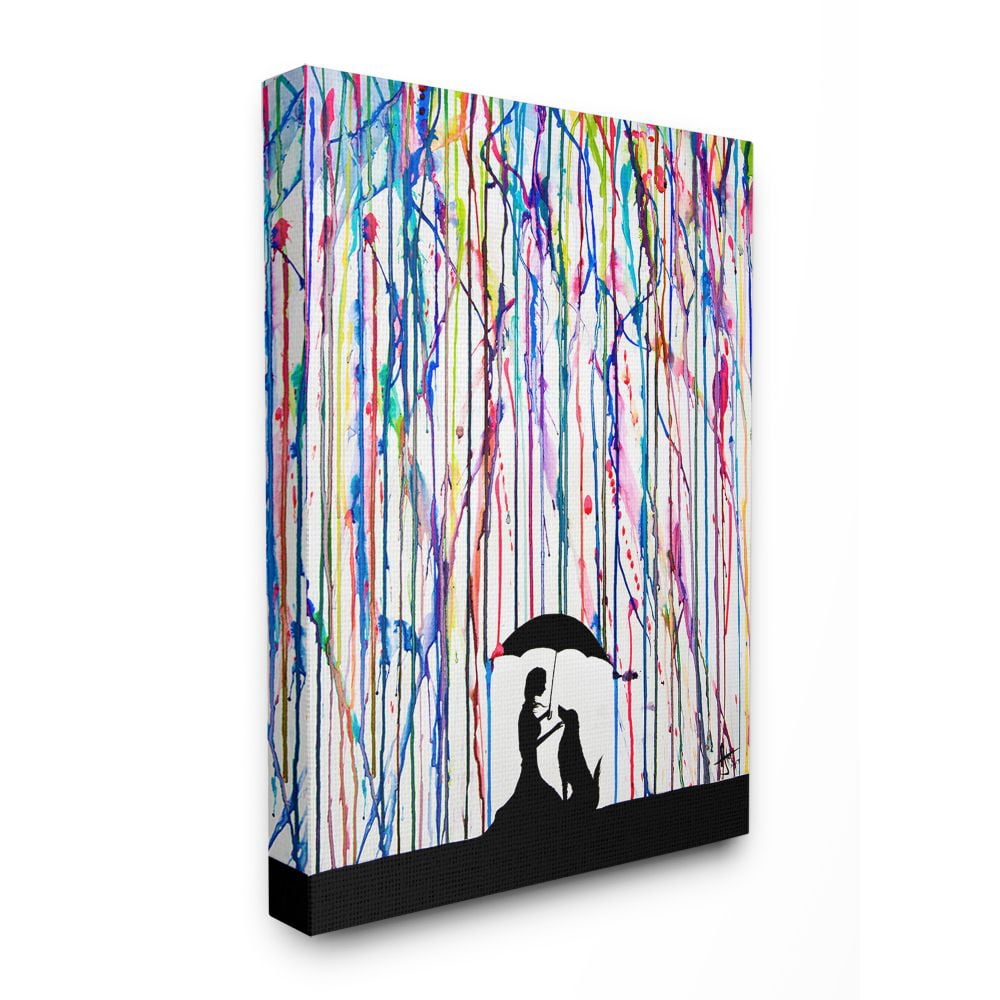 The Stupell Home Decor Collection Melting Colors Rainbow Rain Drops Umbrella Dog Silhouette Stretched Canvas Wall Art, 24 x 30