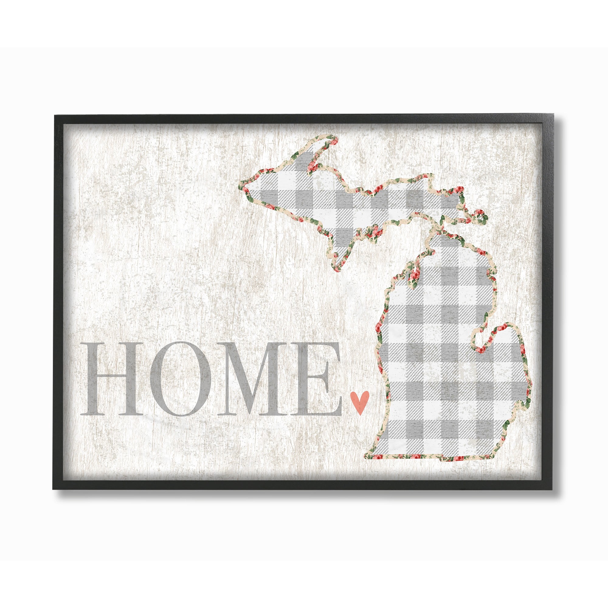 The Stupell Home Decor Collection Michigan Grey Gingham and Floral Heart and Home Framed Giclee Texturized Art, 11 x 1.5 x 14