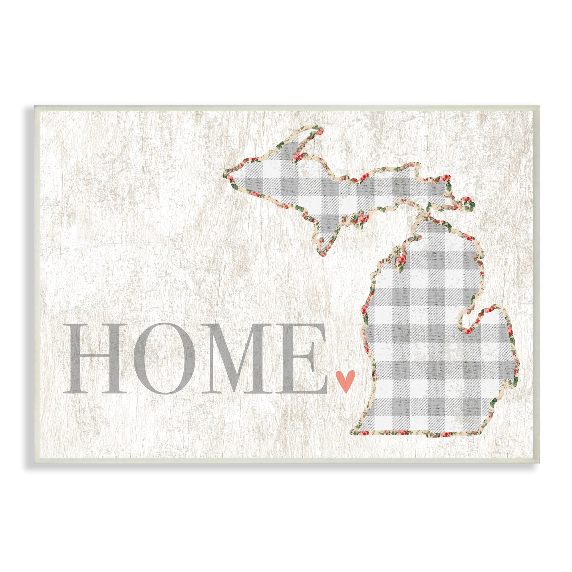 The Stupell Home Decor Collection Michigan Grey Gingham and Floral Heart and Home Oversized Wall Plaque Art, 12.5 x 0.5 x 18.5