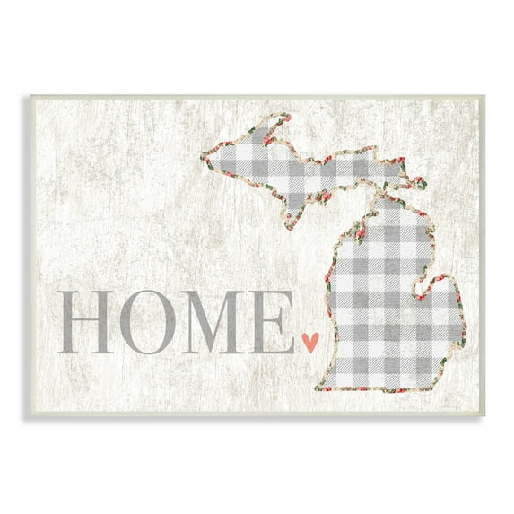The Stupell Home Decor Collection Michigan Grey Gingham and Floral Heart and Home Wall Plaque Art, 10 x 0.5 x 15