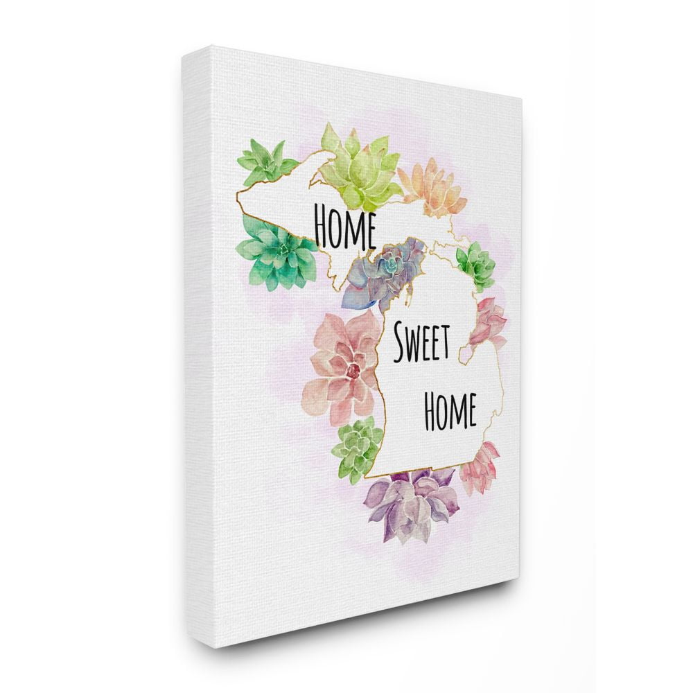 The Stupell Home Decor Collection Michigan State Home Sweet Home Succulent Watercolor Vignette Canvas Wall Art