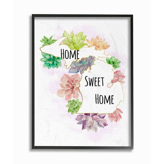 The Stupell Home Decor Collection Michigan State Home Sweet Home Succulent Watercolor Vignette Framed Giclee Texturized Art