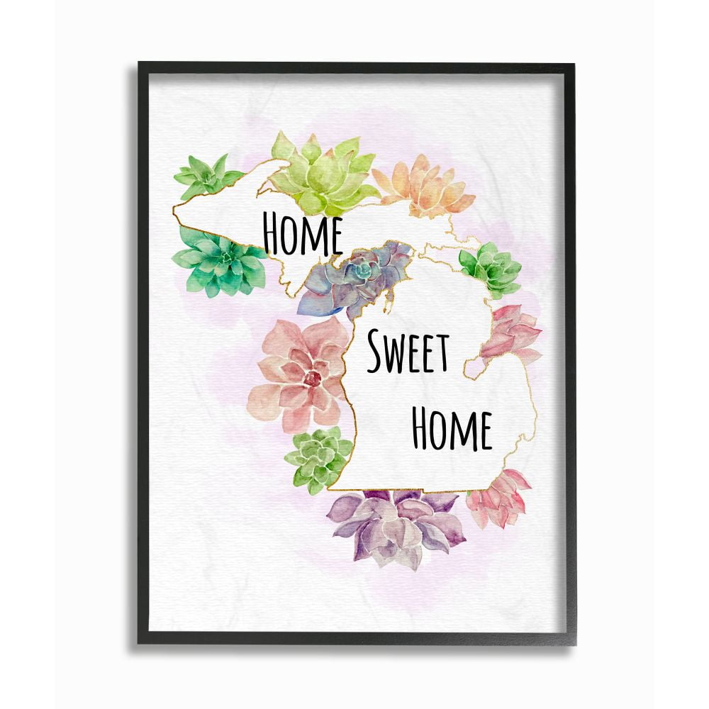 The Stupell Home Decor Collection Michigan State Home Sweet Home Succulent Watercolor Vignette Framed Giclee Texturized Art