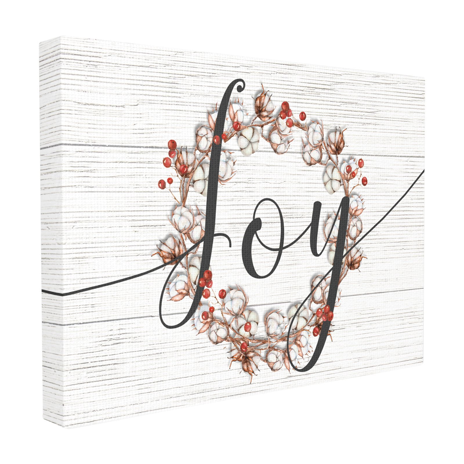 The Stupell Home Decor Collection Minimal Cotton and Berries Joy Wreath White Planked Typography Stretched Canvas Wall Art, 16 x 1.5 x 20