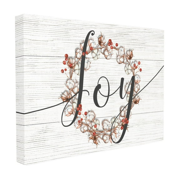 The Stupell Home Decor Collection Minimal Cotton and Berries Joy Wreath White Planked Typography XXL Stretched Canvas Wall Art, 30 x 1.5 x 40