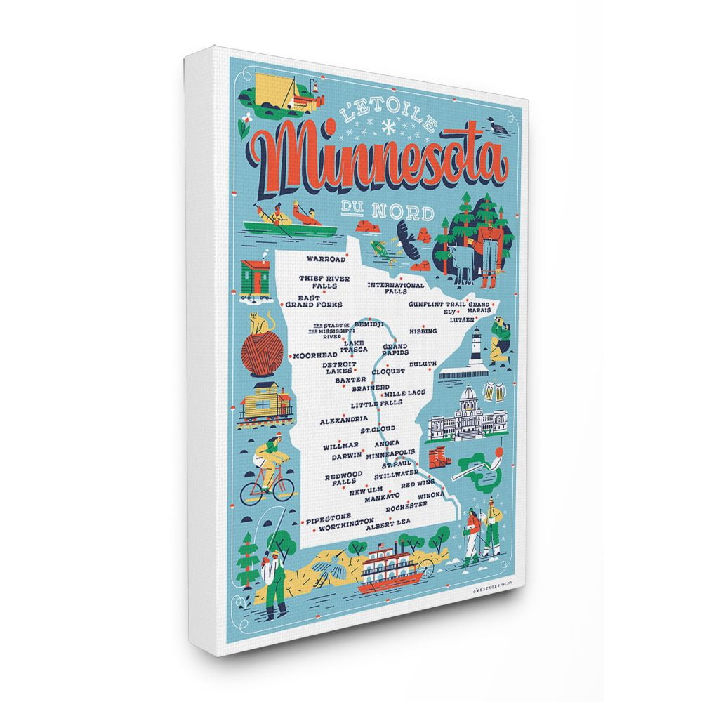 The Stupell Home Decor Collection Minnesota Light Blue and Red Illustrated Scenic Map Poster Canvas Wall Art