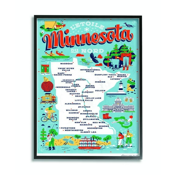 The Stupell Home Decor Collection Minnesota Light Blue and Red Illustrated Scenic Map Poster Framed Giclee Texturized Art
