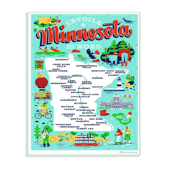 The Stupell Home Decor Collection Minnesota Light Blue and Red Illustrated Scenic Map Poster Wall Plaque Art