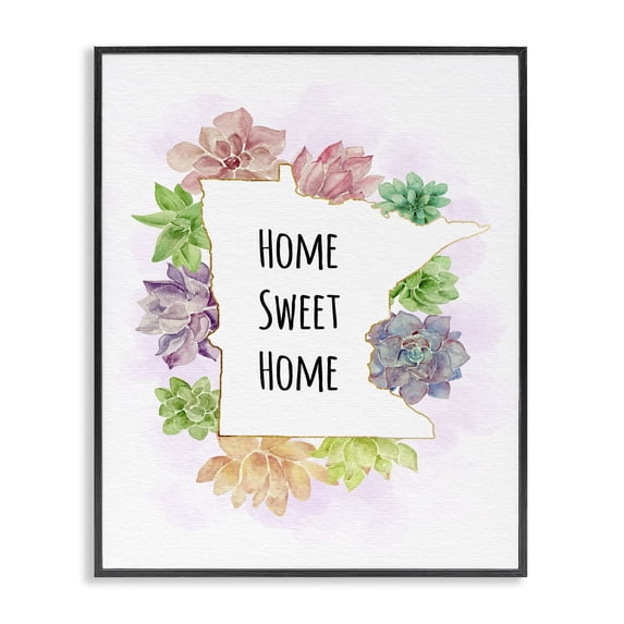 Stupell Industries Bohemian Minnesota State Home Sweet Home Succulent Watercolor Vignette Black Framed Giclee Art, 16 x 20, by Ziwei Li