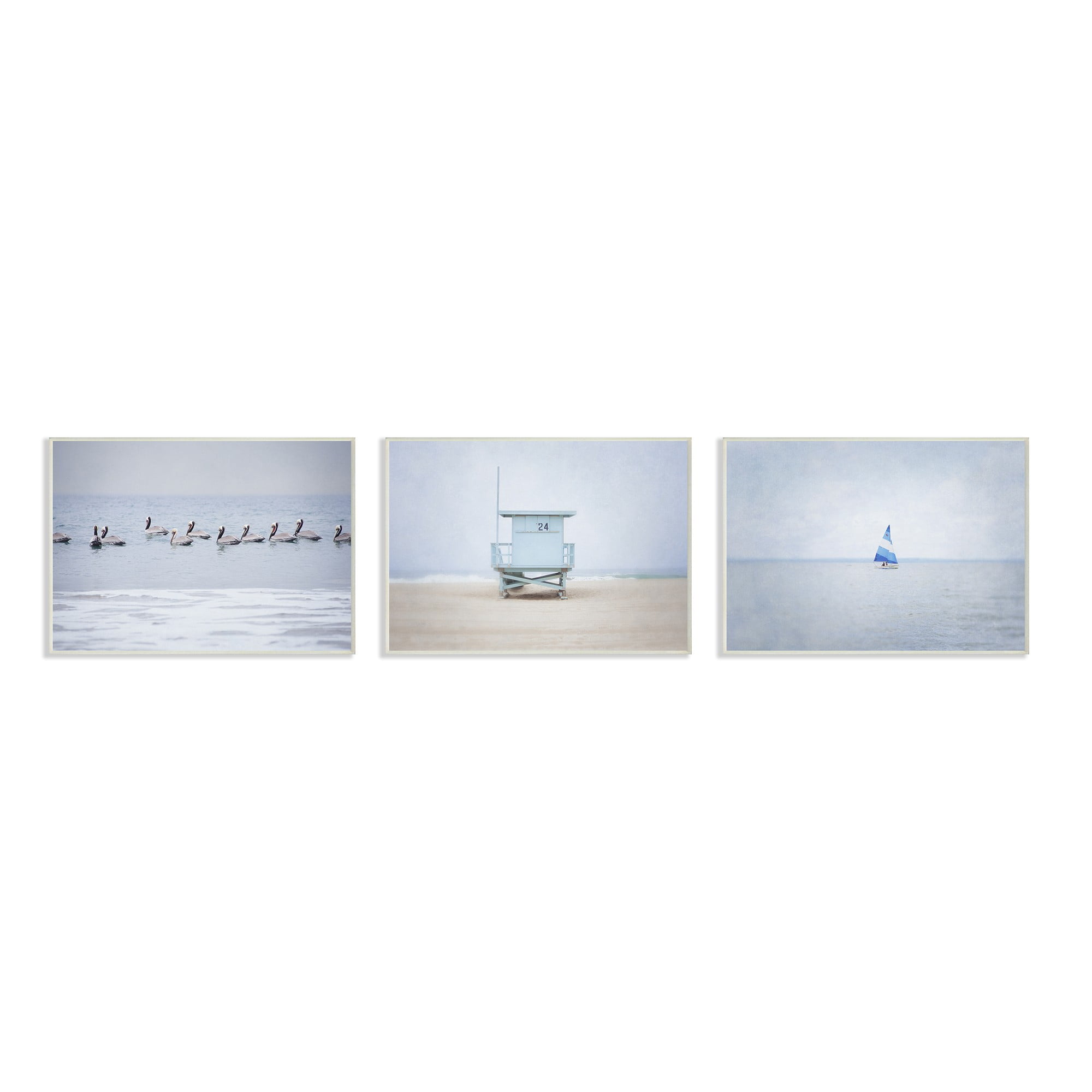 The Stupell Home Decor Collection Misty Morning Ocean Birds Shack Boat Photographs 3pc Wall Plaque Art Set, 10 x 0.5 x 15