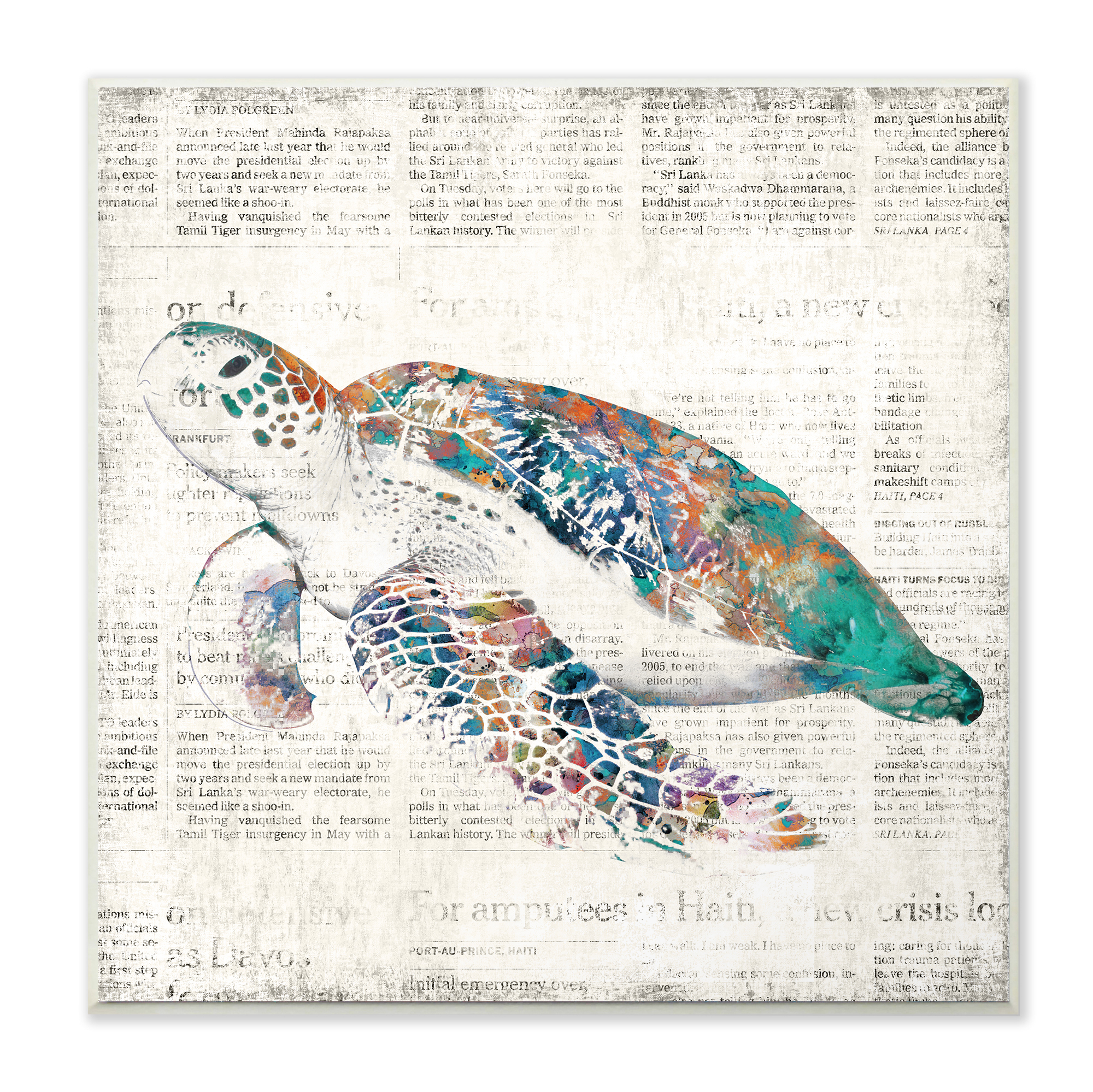 The Stupell Home Decor Collection Multi Colored Sea Turtle on Aged Newspaper Wall Plaque Art, 12 x 0.5 x 12