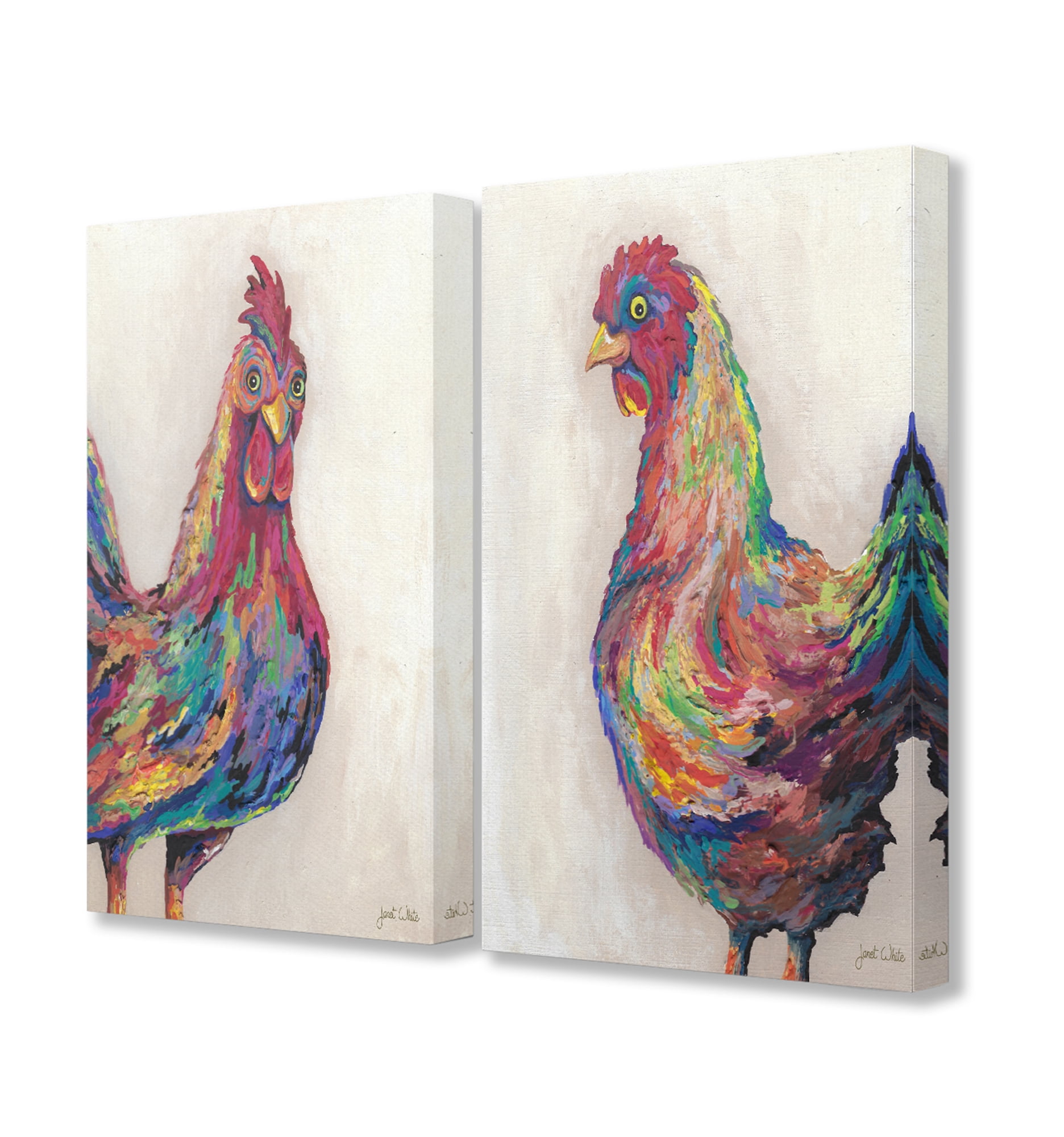 The Stupell Home Decor Collection Multicolored Rainbow Feathered Rooster Painting Duo 2pc Stretched Canvas Wall Art Set, 16 x 1.5 x 20