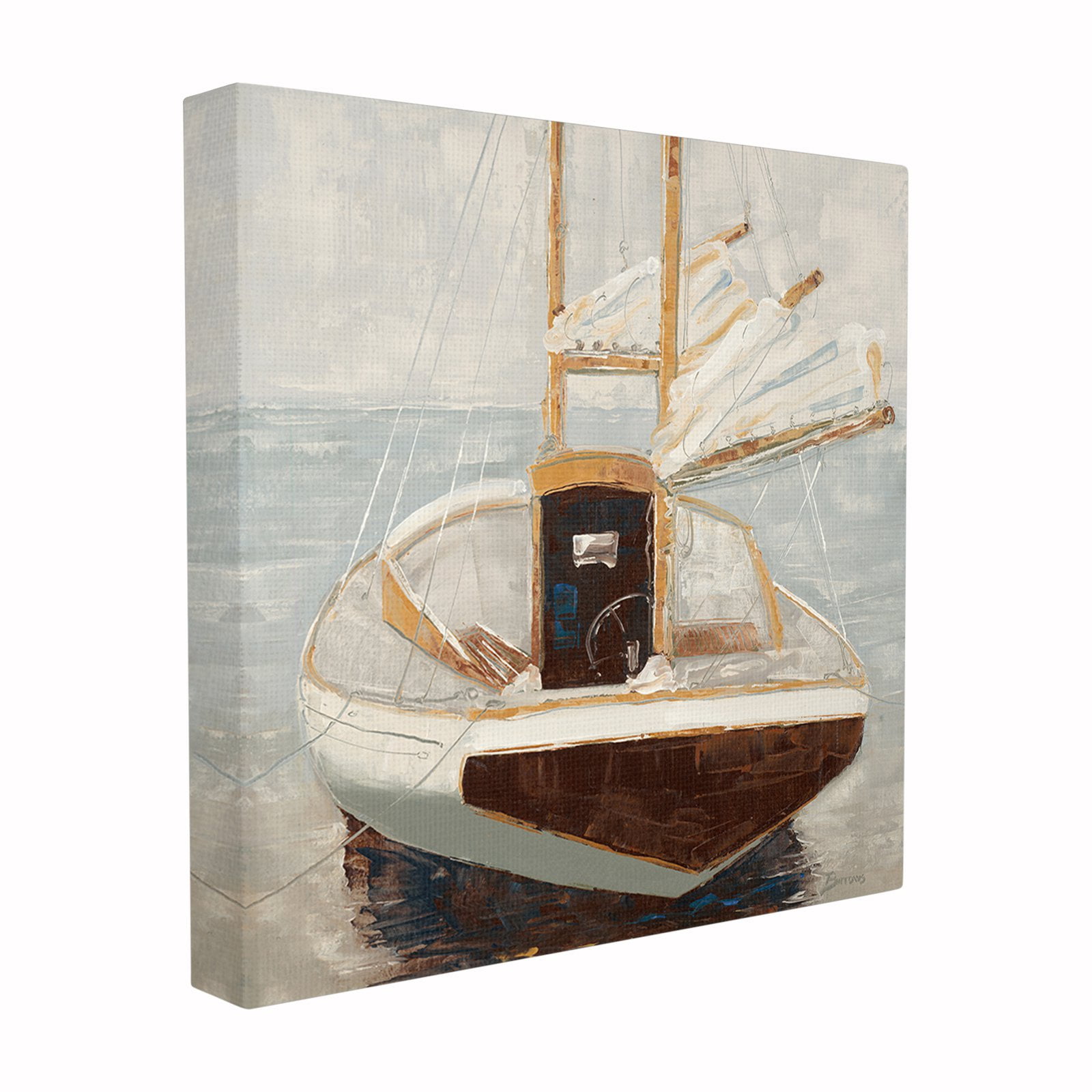 The Stupell Home Decor Collection Muted Neutral Sailboat at Port on a Calm Sea Painting Oversized Stretched Canvas Wall Art, 24 x 1.5 x 24