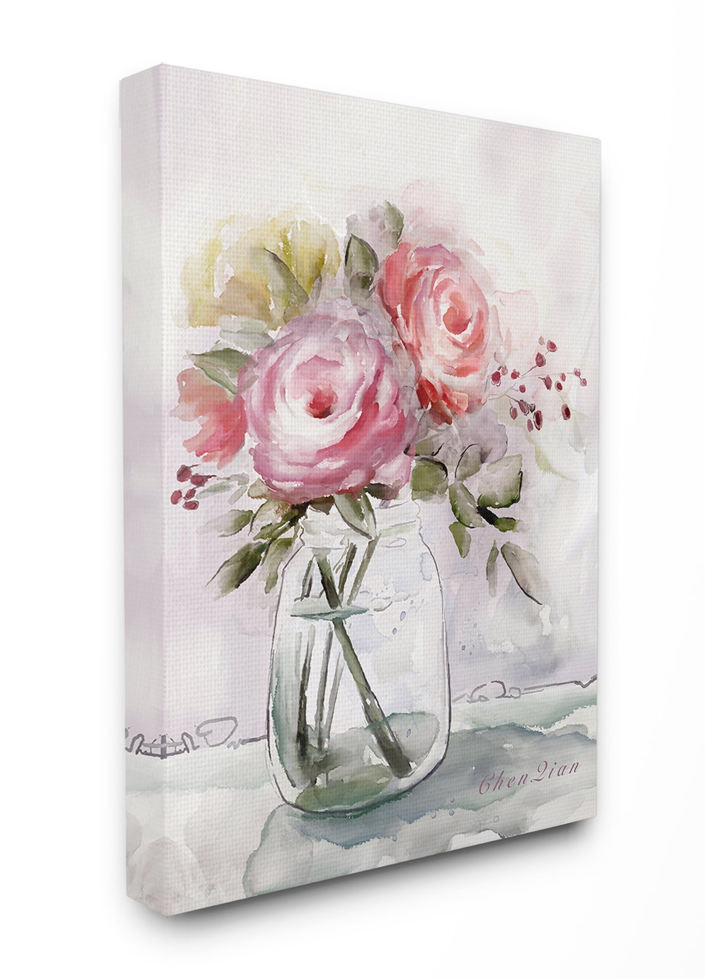 The Stupell Home Decor Collection Muted Watercolor Flowers in a Mason Jar Stretched Canvas Wall Art, 16 x 1.5 x 20