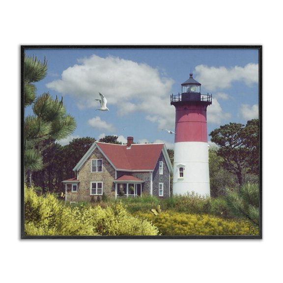 Stupell Industries Rustic Lodge Nauset Lighthouse Forest and Fields Scene with Seagull Black Framed Giclee Art, 14 x 11, by Alan Giana & Company