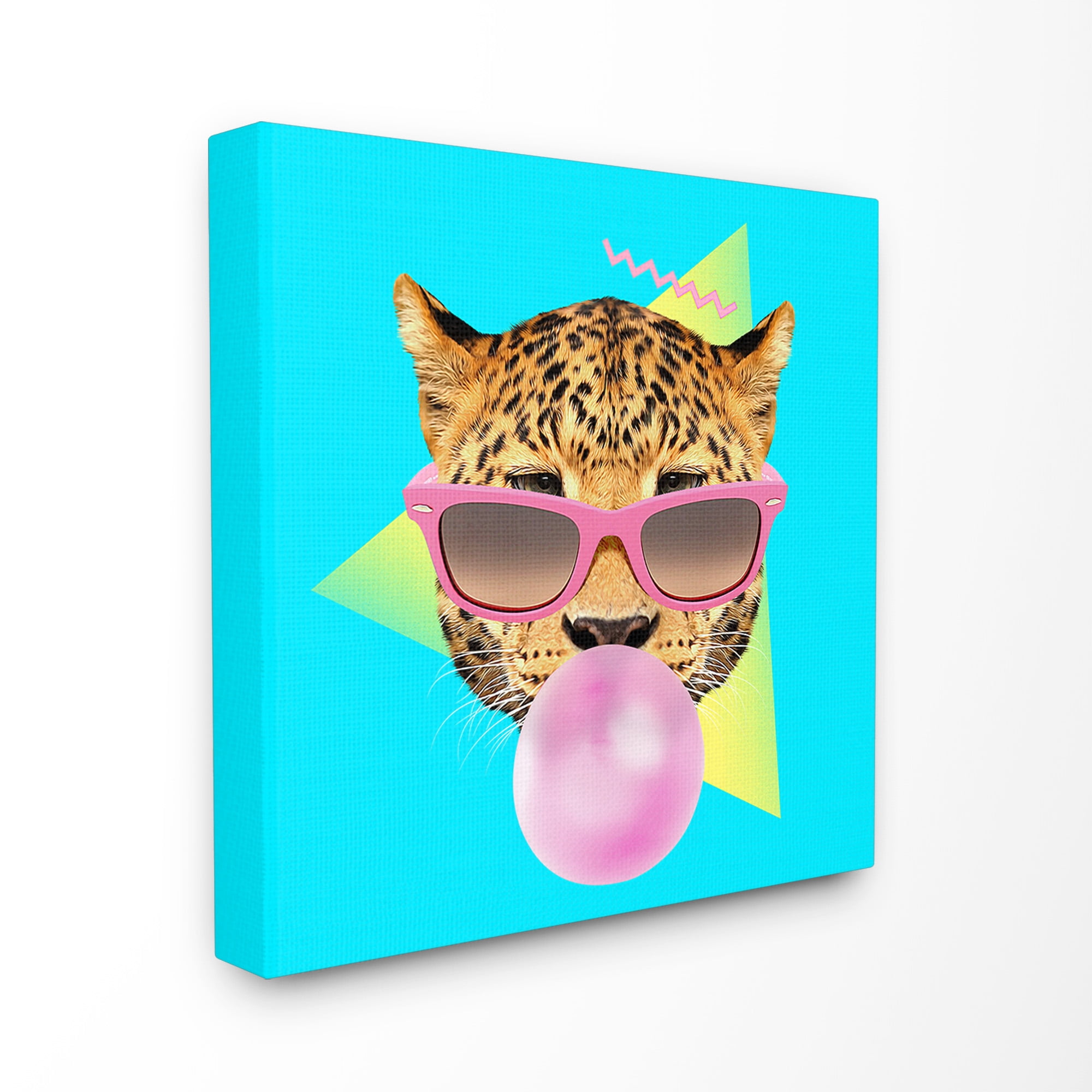 The Stupell Home Decor Collection Neon Blue Green and Pink 90s Style Bubble Gum Leopard with Shades Stretched Canvas Wall Art, 24 x 24