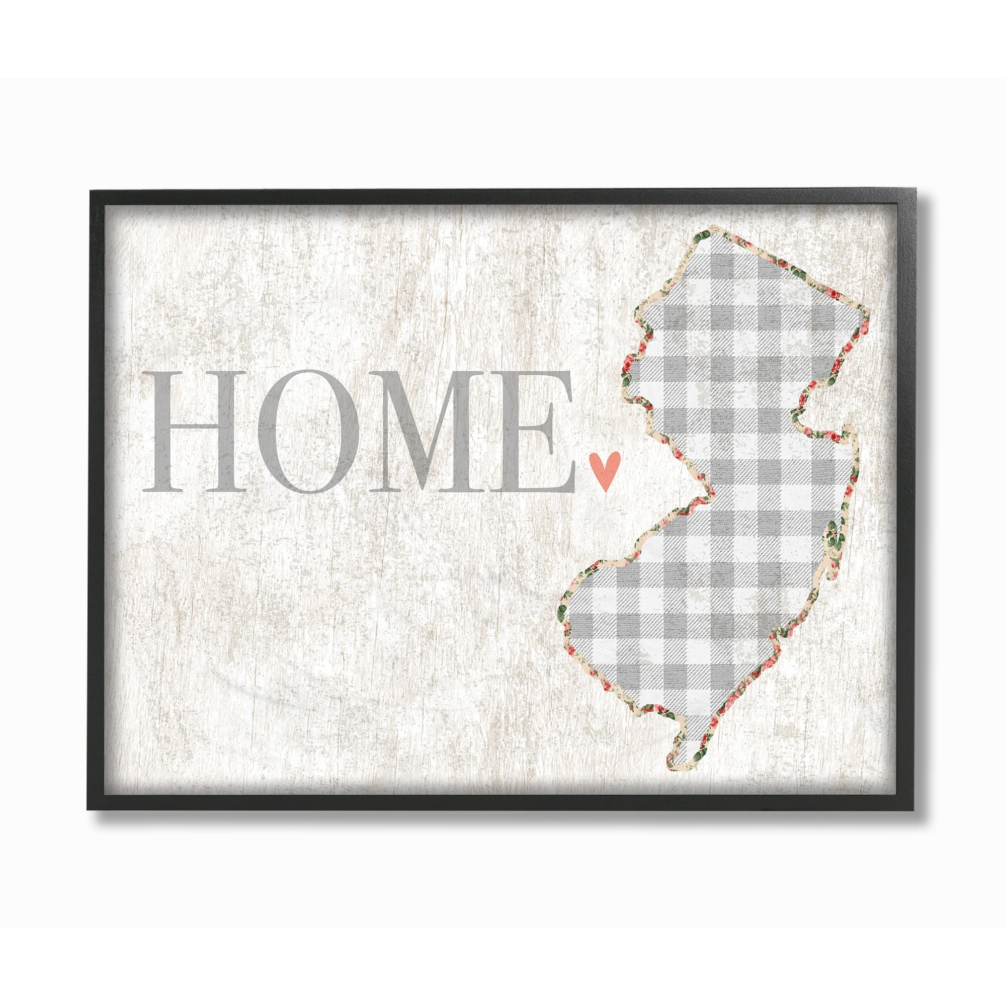 The Stupell Home Decor Collection New Jersey Grey Gingham and Floral Heart and Home Oversized Framed Giclee Texturized Art, 16 x 1.5 x 20