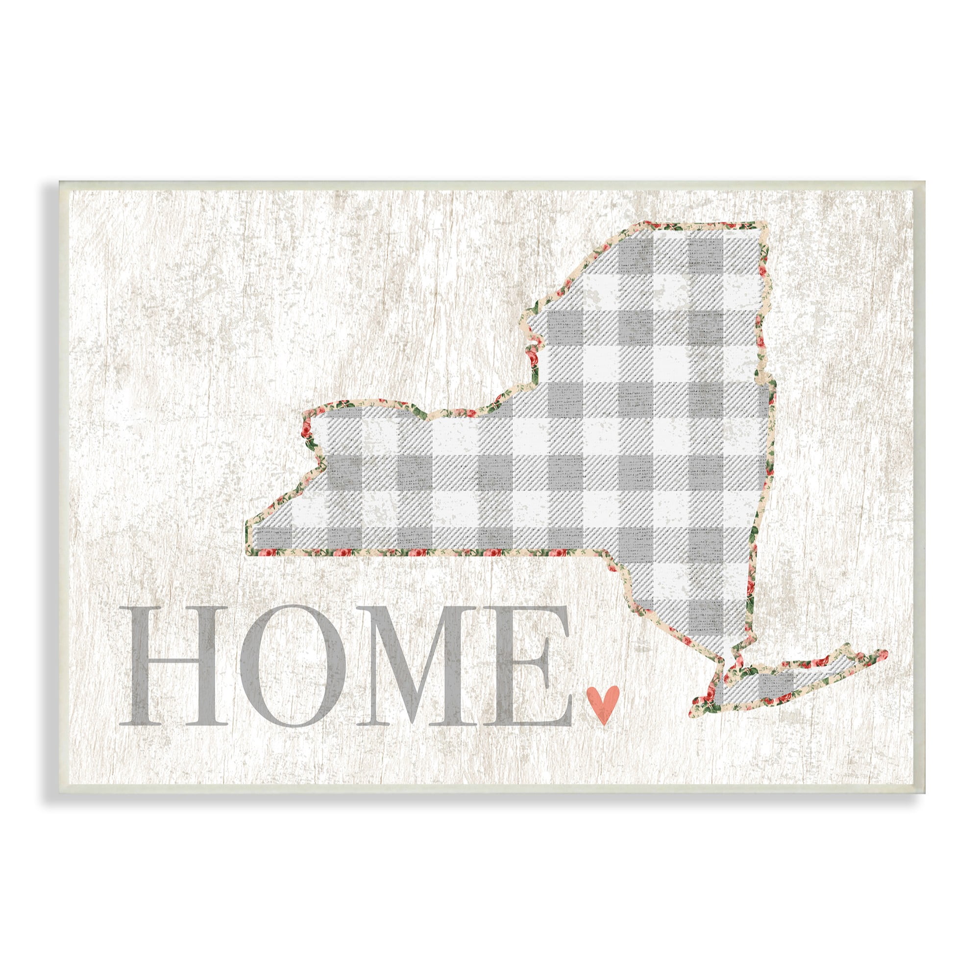 The Stupell Home Decor Collection New York Grey Gingham and Floral Heart and Home Wall Plaque Art, 10 x 0.5 x 15