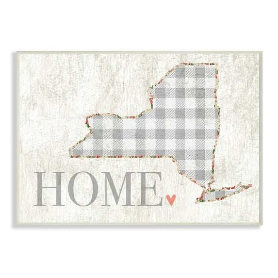 The Stupell Home Decor Collection New York Grey Gingham and Floral Heart and Home Wall Plaque Art, 10 x 0.5 x 15