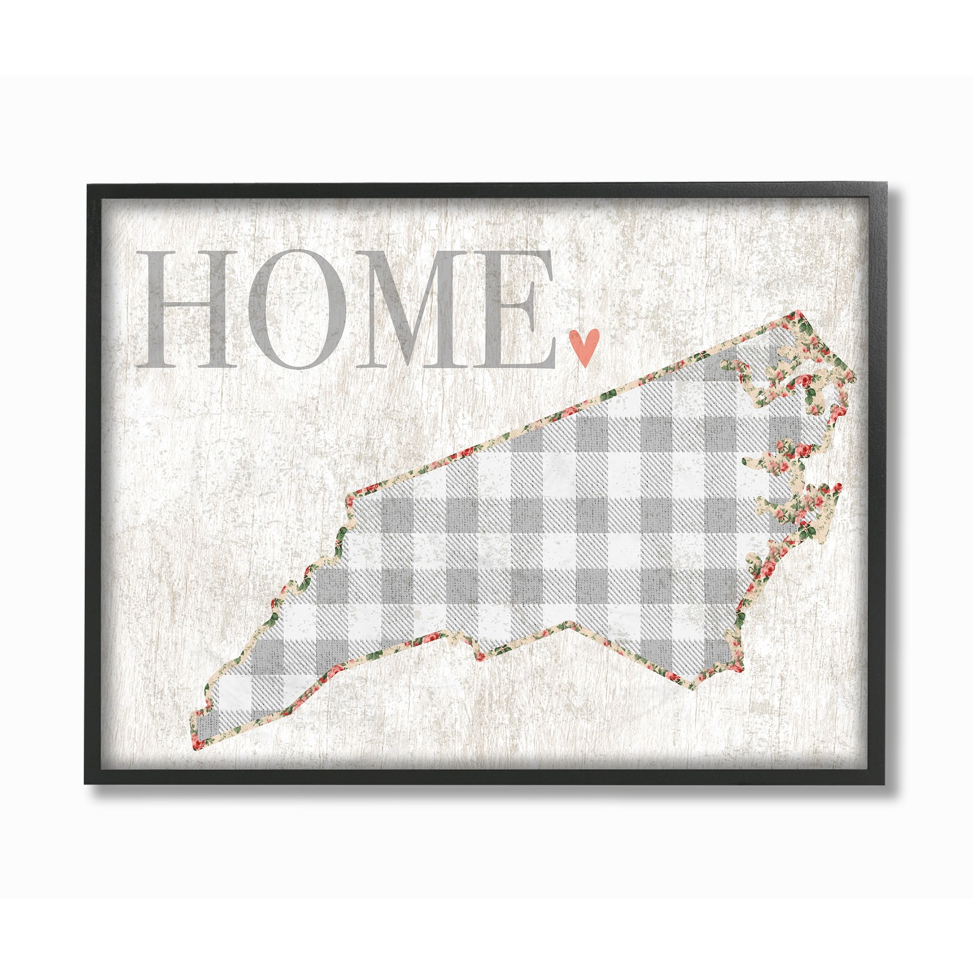 The Stupell Home Decor Collection North Carolina Grey Gingham and Floral Heart and Home Oversized Framed Giclee Texturized Art, 16 x 1.5 x 20