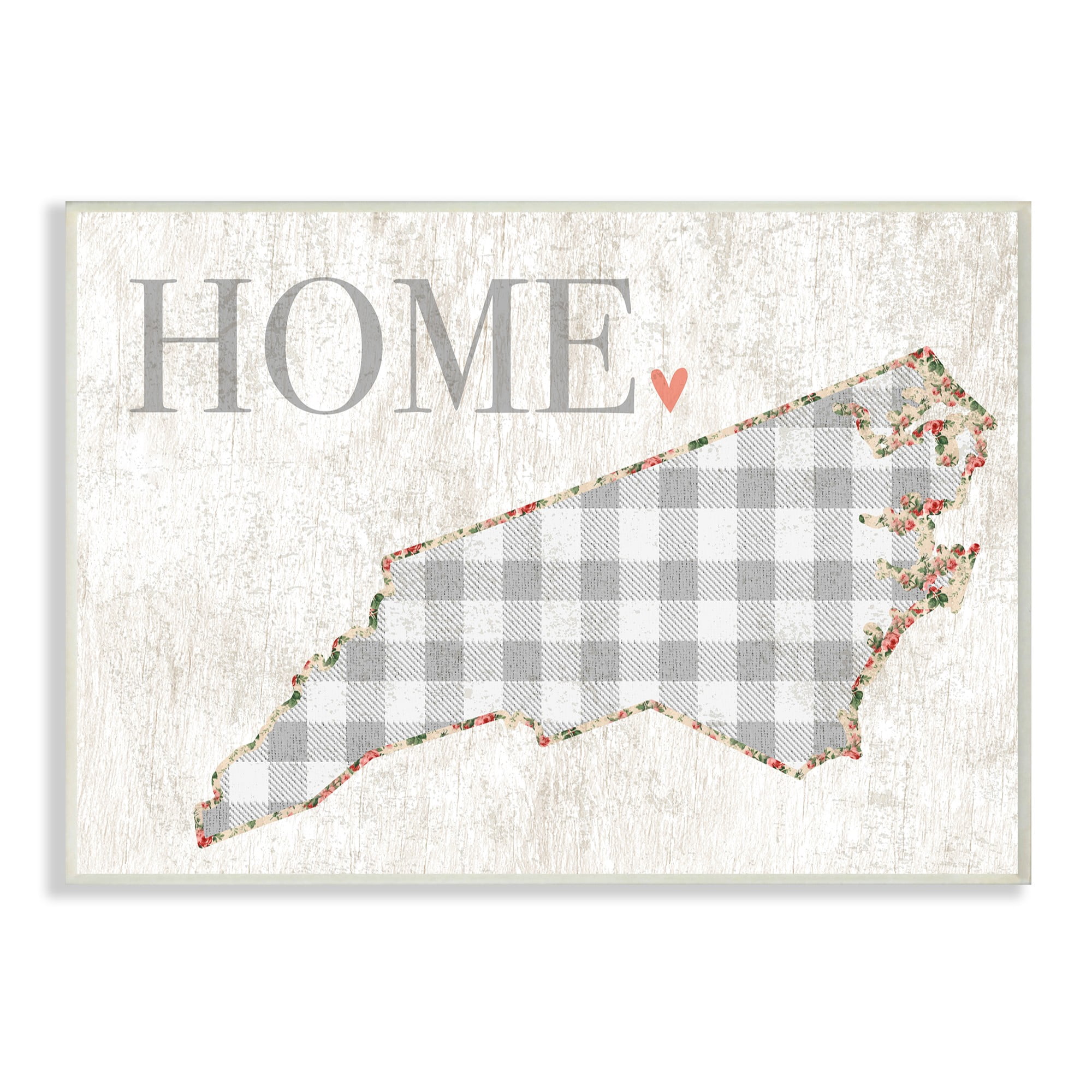 The Stupell Home Decor Collection North Carolina Grey Gingham and Floral Heart and Home Oversized Wall Plaque Art, 12.5 x 0.5 x 18.5
