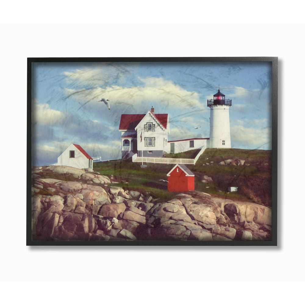 The Stupell Home Decor Collection Nubble Break Water Rocks White Lighthouse with Seagull Framed Giclee Texturized Art