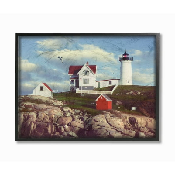The Stupell Home Decor Collection Nubble Break Water Rocks White Lighthouse with Seagull Framed Giclee Texturized Art