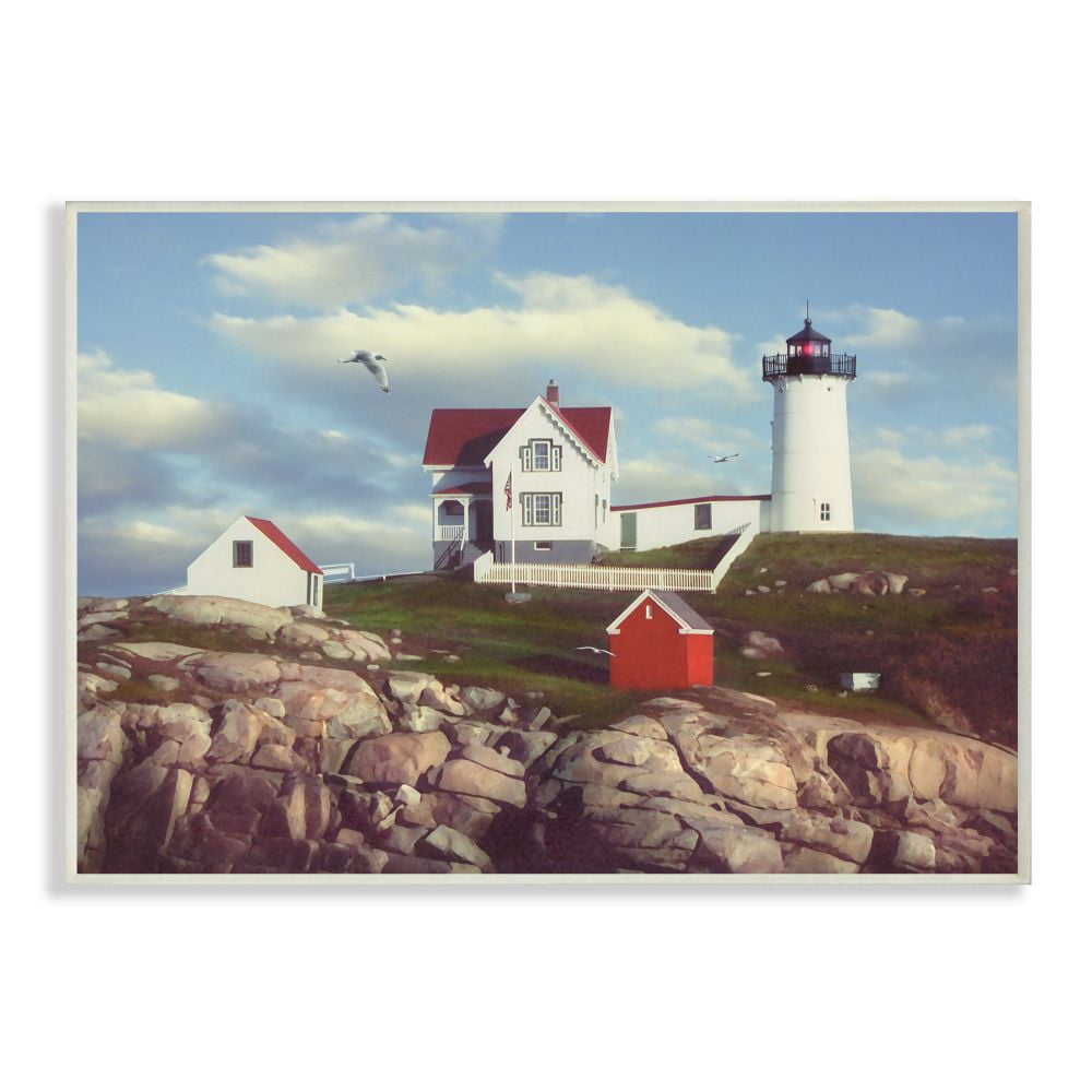 The Stupell Home Decor Collection Nubble Break Water Rocks White Lighthouse with Seagull Wall Plaque Art