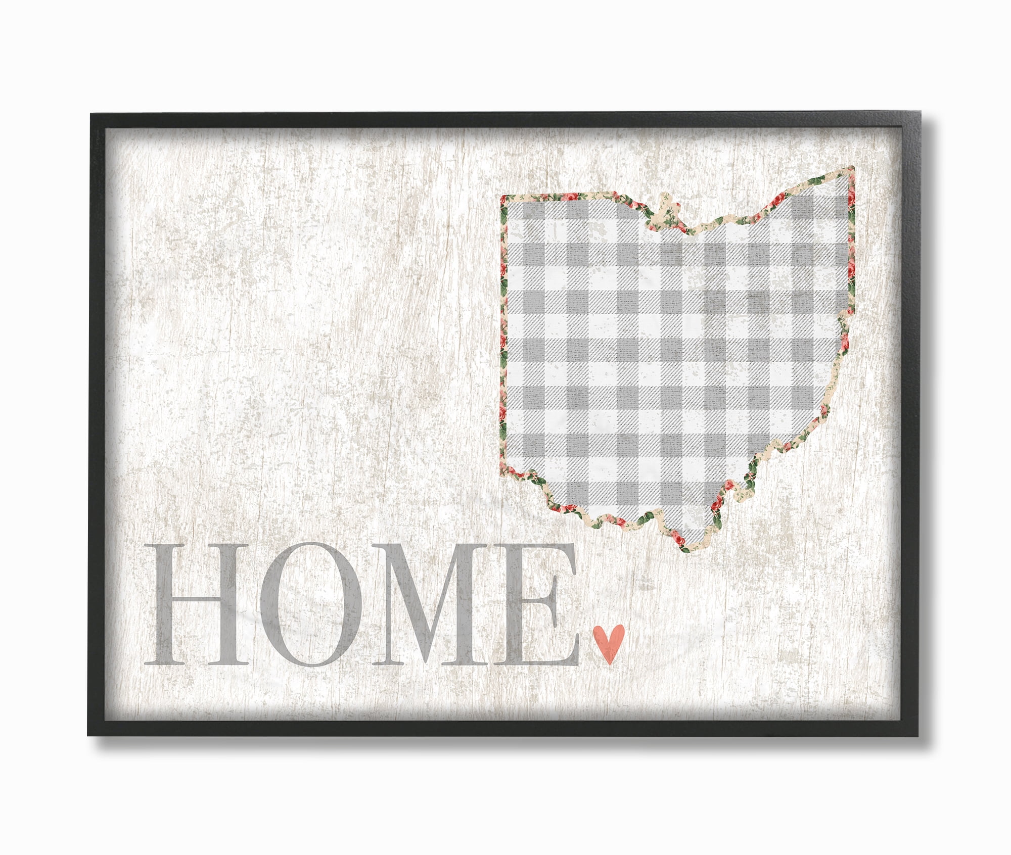 The Stupell Home Decor Collection Ohio Grey Gingham and Floral Heart and Home Framed Giclee Texturized Art, 11 x 1.5 x 14