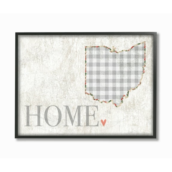 The Stupell Home Decor Collection Ohio Grey Gingham and Floral Heart and Home Framed Giclee Texturized Art, 11 x 1.5 x 14