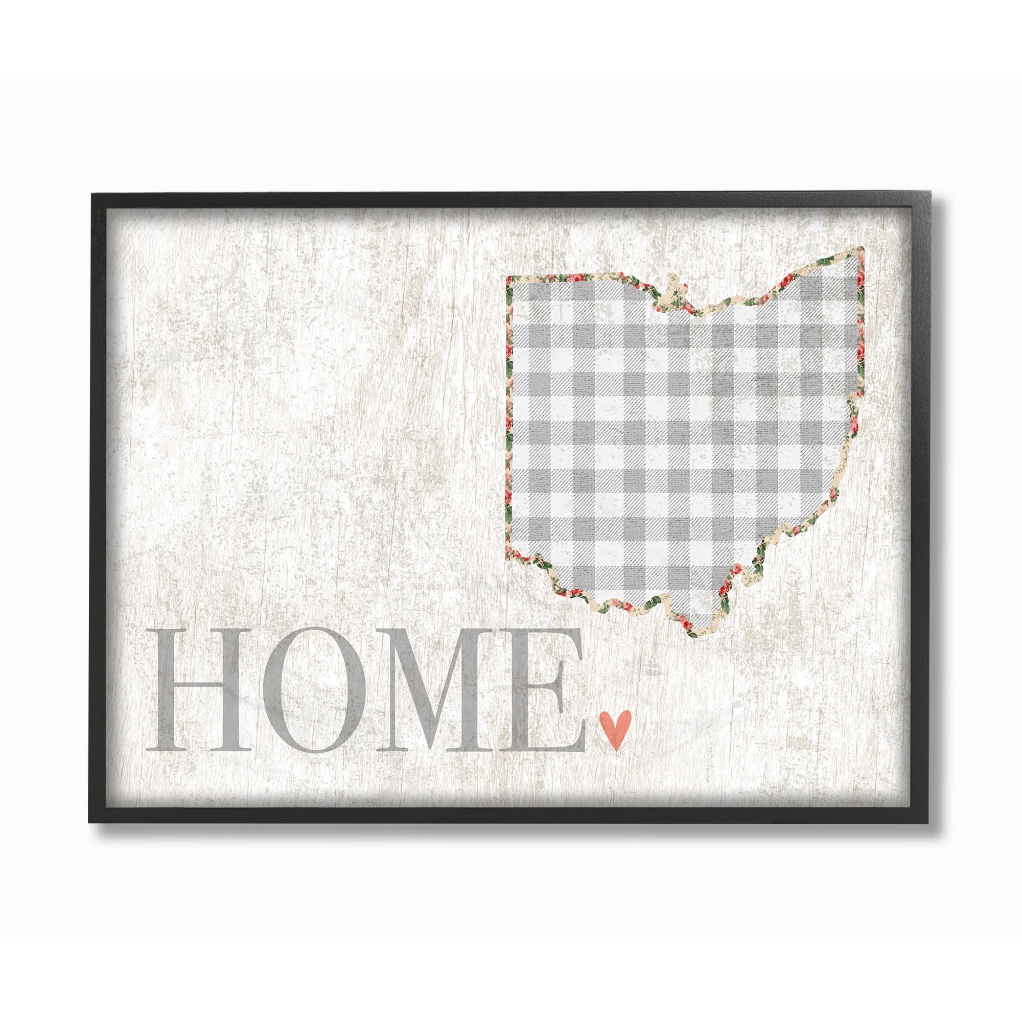 The Stupell Home Decor Collection Ohio Grey Gingham and Floral Heart and Home Oversized Framed Giclee Texturized Art, 16 x 1.5 x 20