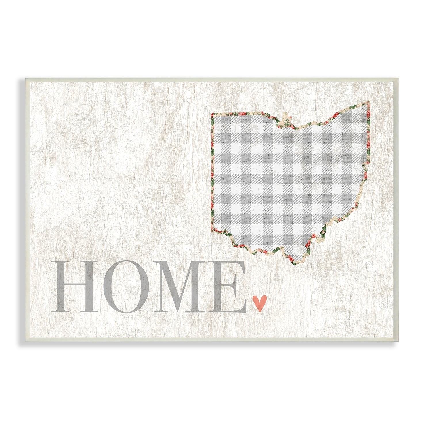 The Stupell Home Decor Collection Ohio Grey Gingham and Floral Heart and Home Oversized Wall Plaque Art, 12.5 x 0.5 x 18.5