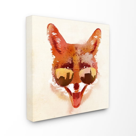 The Stupell Home Decor Collection Orange and Tan Painterly City Fox With Aviators Stretched Canvas Wall Art, 17 x 17