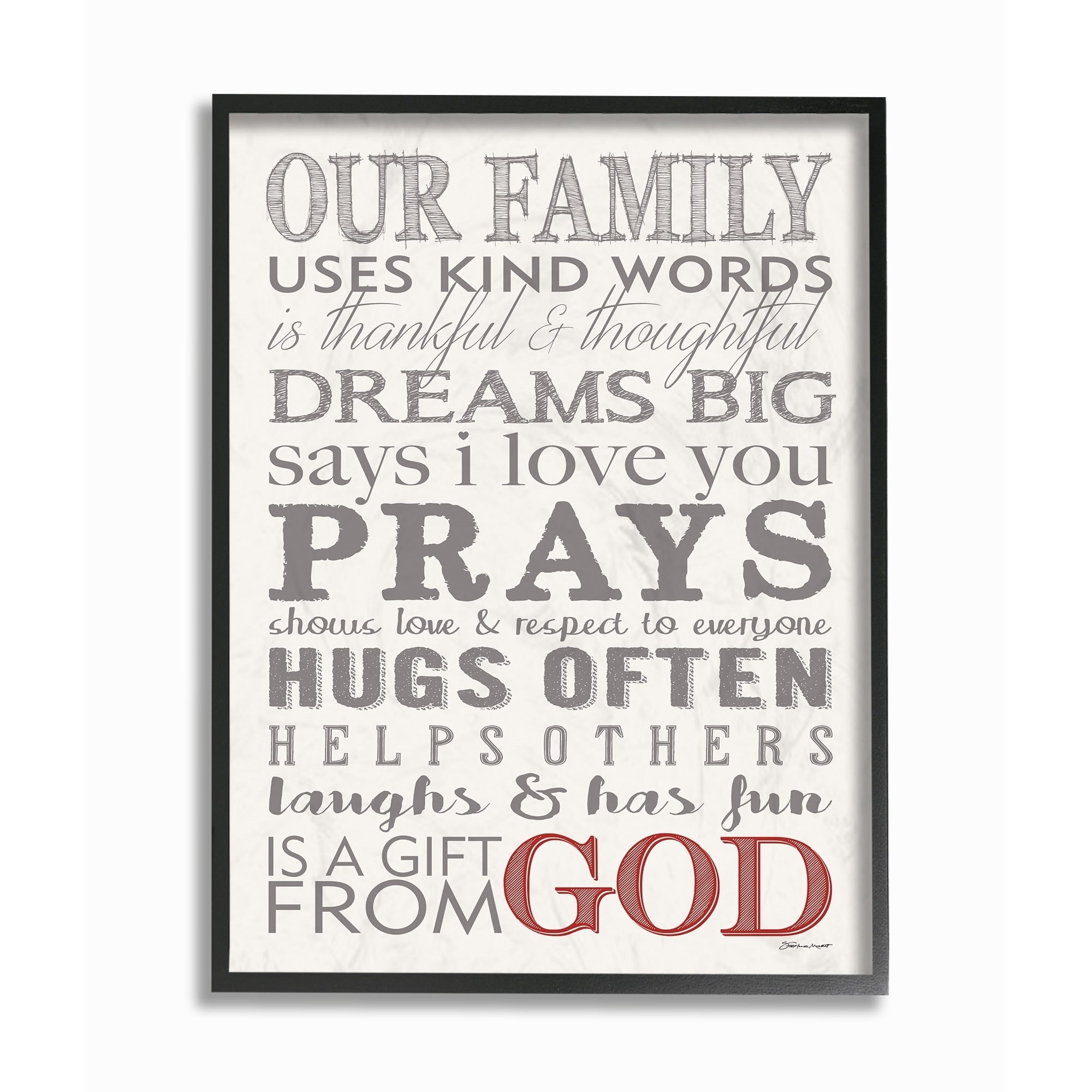 The Stupell Home Decor Collection Our Family Dream Pray Grey Red and White Typography Framed Giclee Texturized Art, 11 x 1.5 x 14