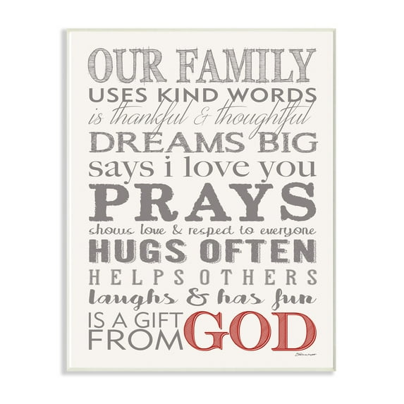 The Stupell Home Decor Collection Our Family Dream Pray Grey Red and White Typography Oversized Wall Plaque Art, 12.5 x 0.5 x 18.5