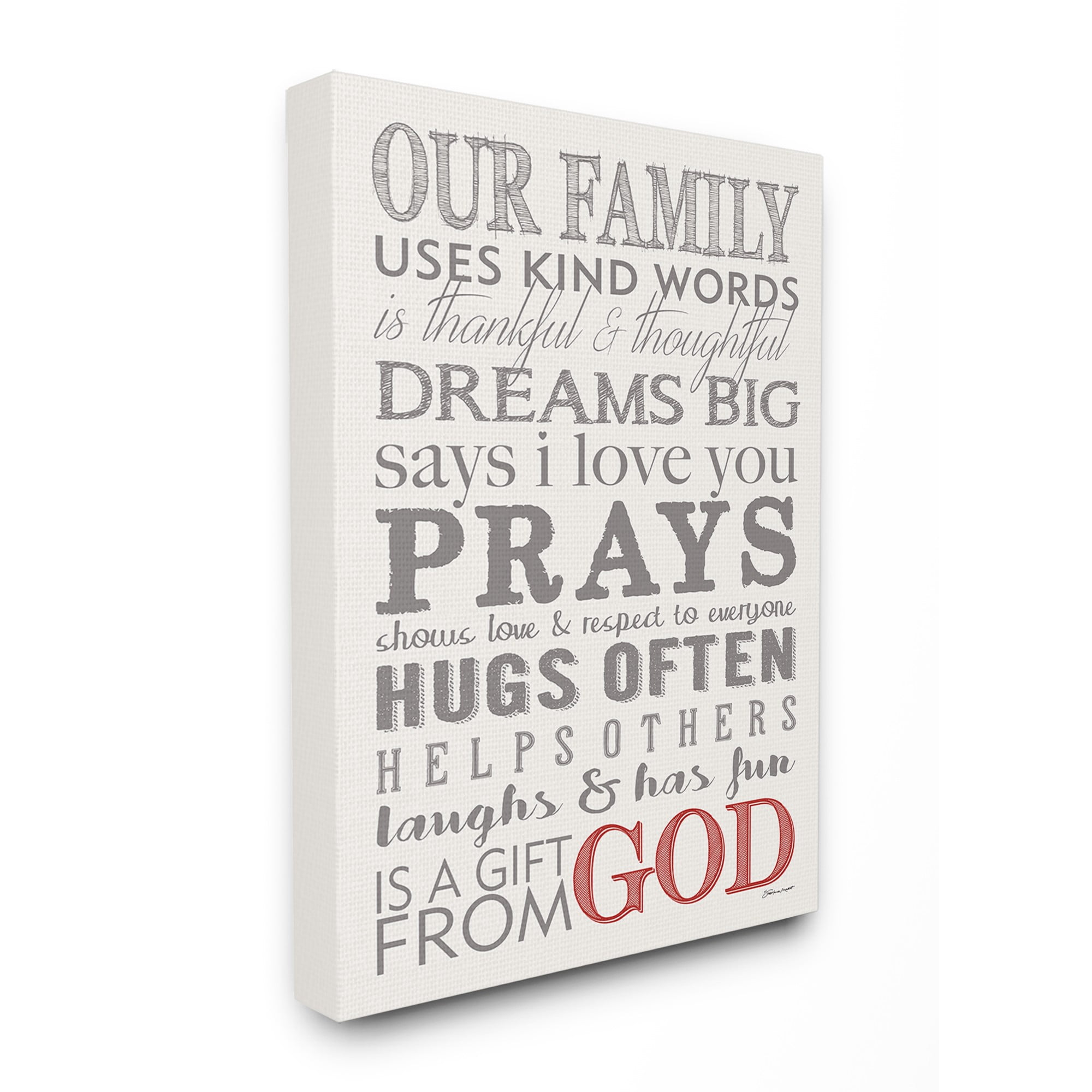 The Stupell Home Decor Collection Our Family Dream Pray Grey Red and White Typography Stretched Canvas Wall Art, 30 x 1.5 x 40