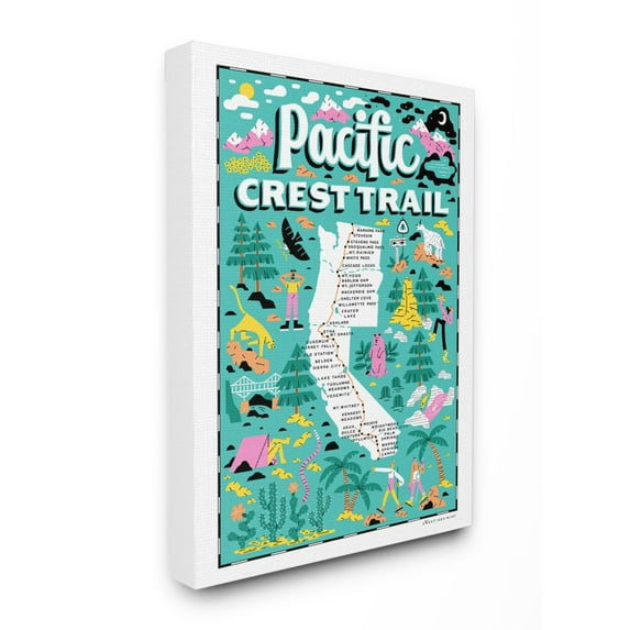 The Stupell Home Decor Collection Pacific Crest Trail Aqua Blue and Pink Illustrated Scenic Map Poster Canvas Wall Art