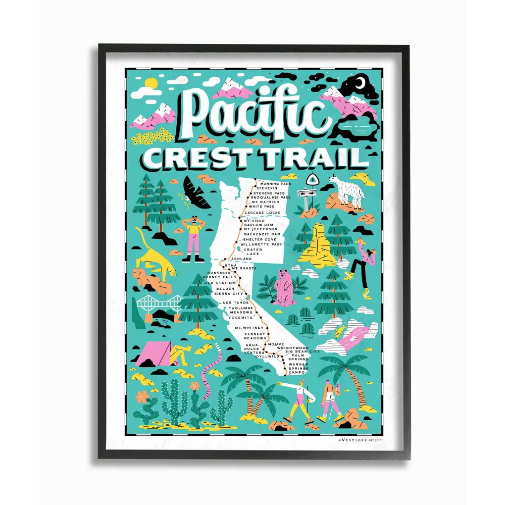 The Stupell Home Decor Collection Pacific Crest Trail Aqua Blue and Pink Illustrated Scenic Map Poster Framed Giclee Texturized Art