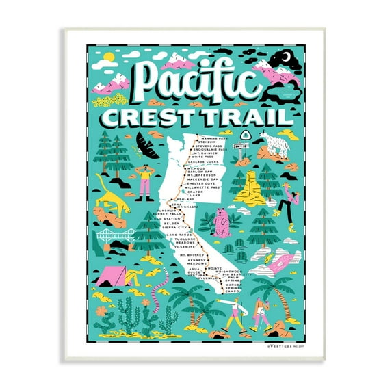 The Stupell Home Decor Collection Pacific Crest Trail Aqua Blue and Pink Illustrated Scenic Map Poster Wall Plaque Art