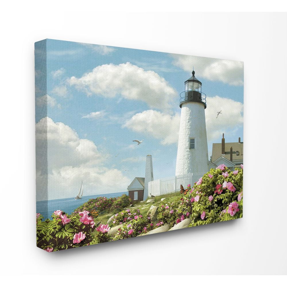 The Stupell Home Decor Collection Pemaquid Lighthouse Bright Pink Floral Sea Side Scene Super Canvas Wall Art