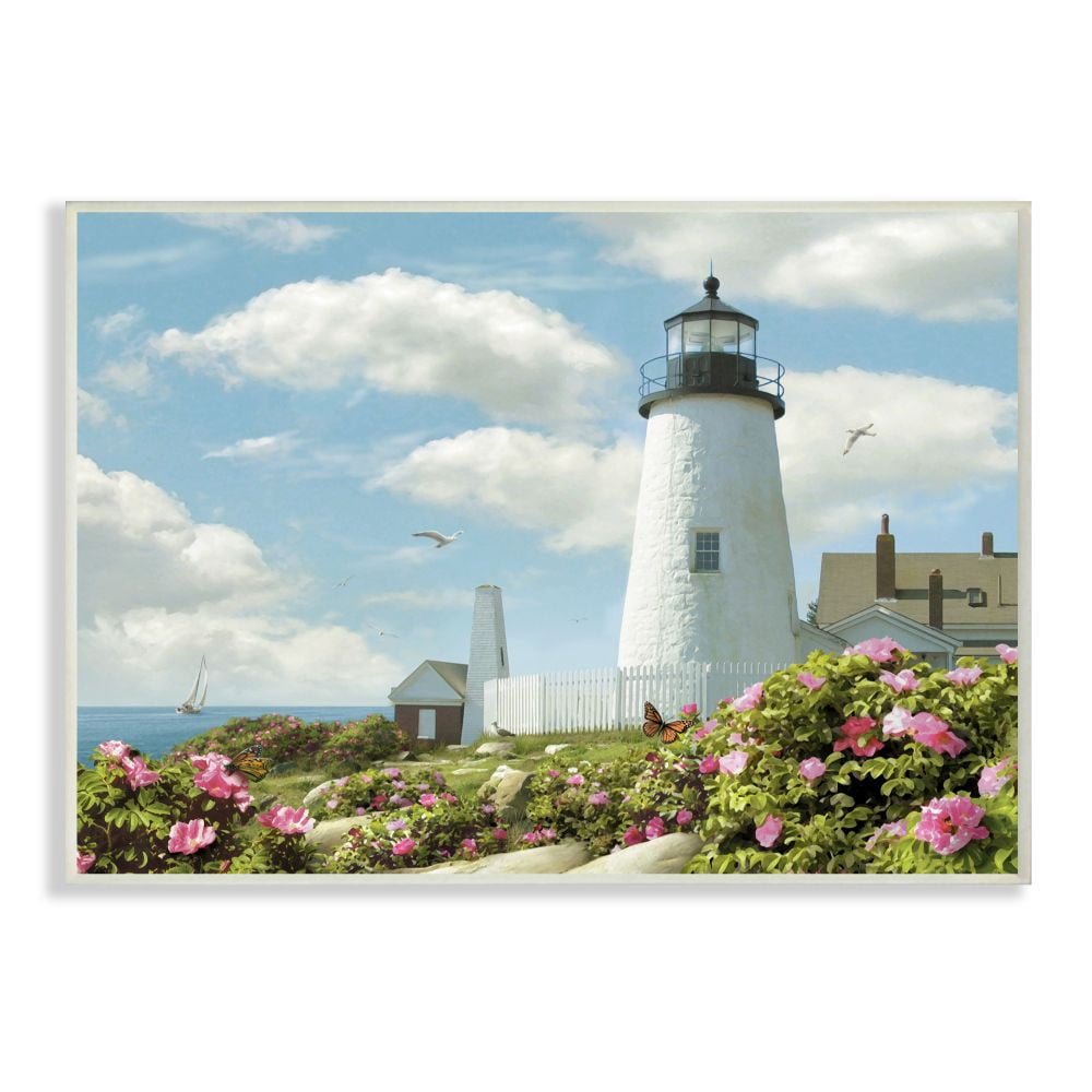The Stupell Home Decor Collection Pemaquid Lighthouse Bright Pink Floral Sea Side Scene Wall Plaque Art