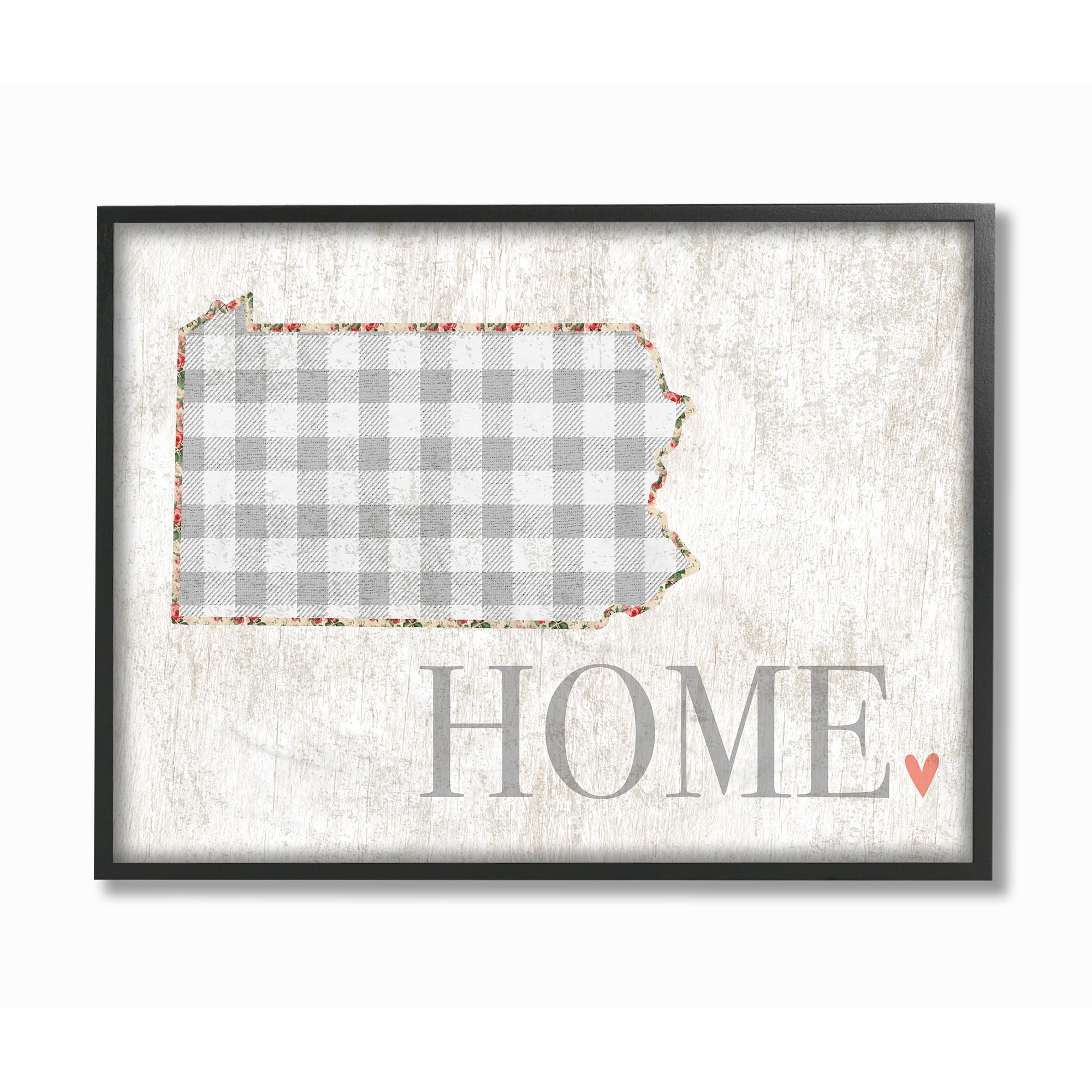 The Stupell Home Decor Collection Pennsylvania Grey Gingham and Floral Heart and Home Framed Giclee Texturized Art, 11 x 1.5 x 14