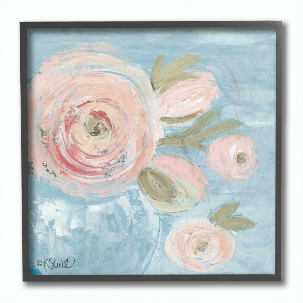 The Stupell Home Decor Collection Pink Flowers on Blue Impressionist Painting Framed Giclee Texturized Art