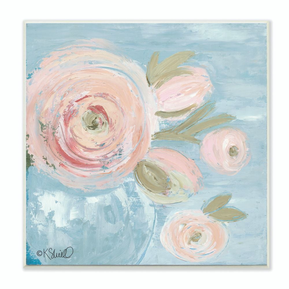 The Stupell Home Decor Collection Pink Flowers on Blue Impressionist Painting Wood Wall Art