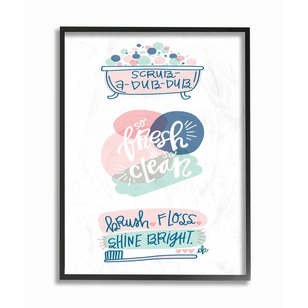 The Stupell Home Decor Collection Pink and Blue Scrub A Dub Dub with Bath Tub and Toothbrush Illustrations Black Framed Giclee Texturized Art