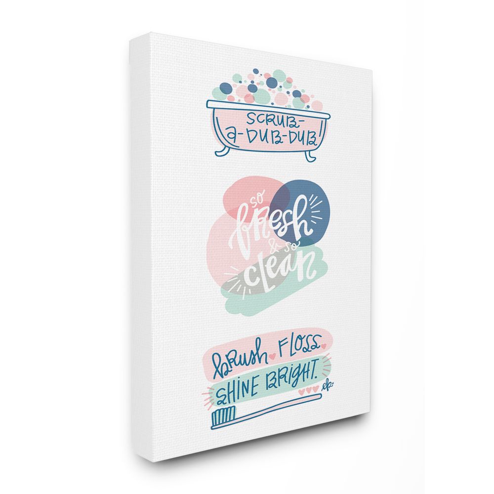 The Stupell Home Decor Collection Pink and Blue Scrub A Dub Dub with Bath Tub and Toothbrush Illustrations Canvas Wall Art
